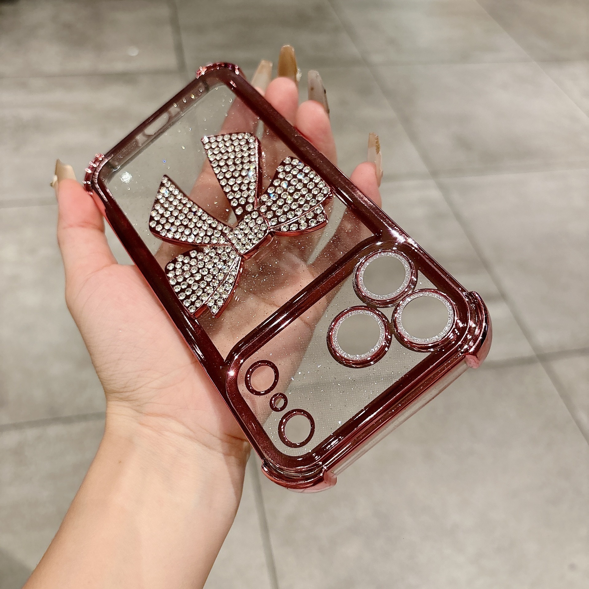 Rhinestone Bowknot Phone Case Compatible iPhone 17 Pro Max Electroplated Glitter Four-Corner Apple 16/15