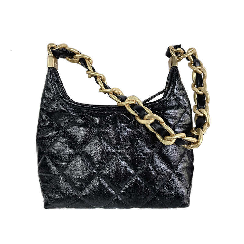Xiaoxiangfeng 24A Thick Chain Shoulder Hobo Underarm Cover Oil Wax Cowhide Black Gold Hippie Bag Female