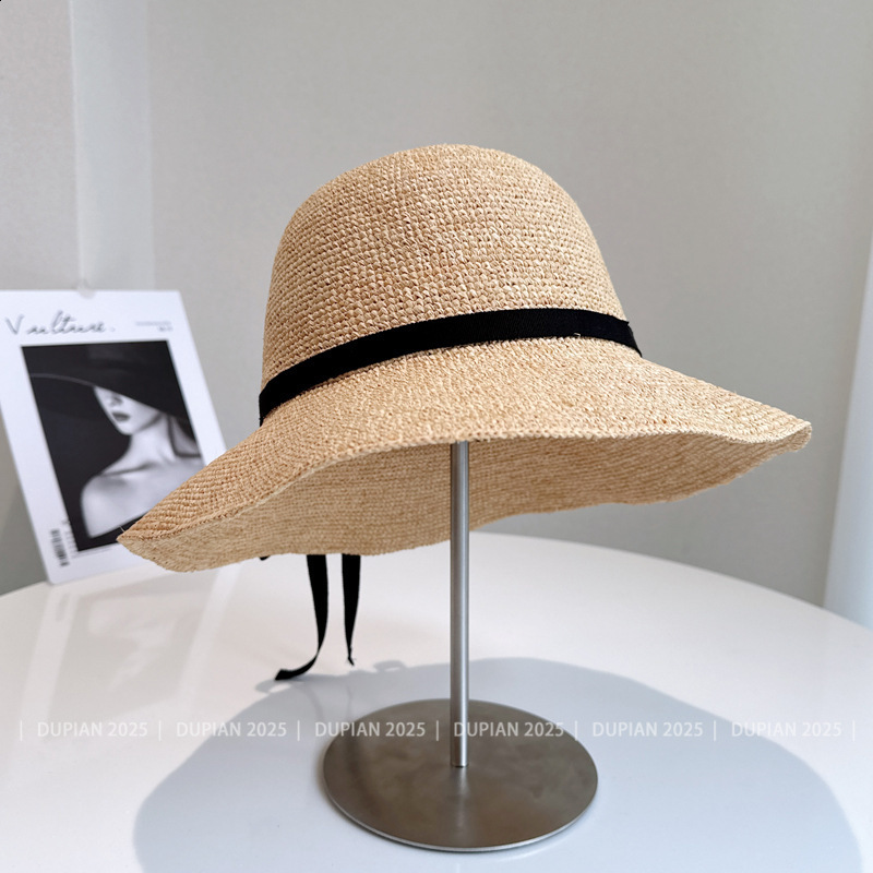 Handmade crochet Lafite grass French fine bow ribbon fishing hat womens summer sun protection straw hat sun basin hat250428