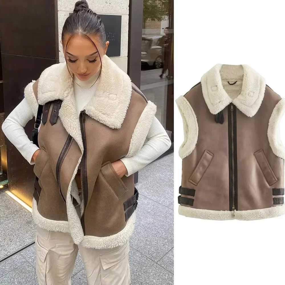 Autumn Winter New Ladies Warm Fur Integrated Sleeveless Fleece Stitching Coat Vest JacketT251129