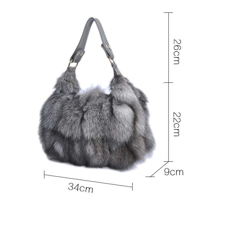 Chic Designer Handbag Combining Luxury Materials: Premium Real Silver Fox Fur & Durable Fabric