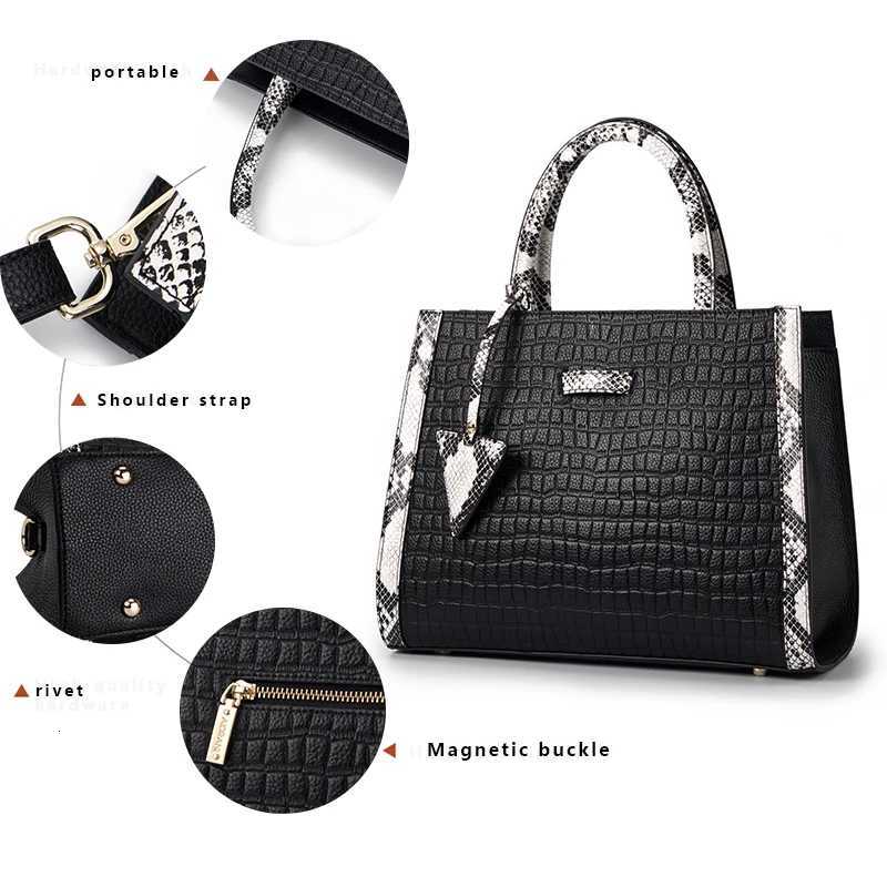 Aidrani Trendy Womens Bag Large Capacity Portable Cowhide Black Stone Texture And Snake Pattern Design K251128