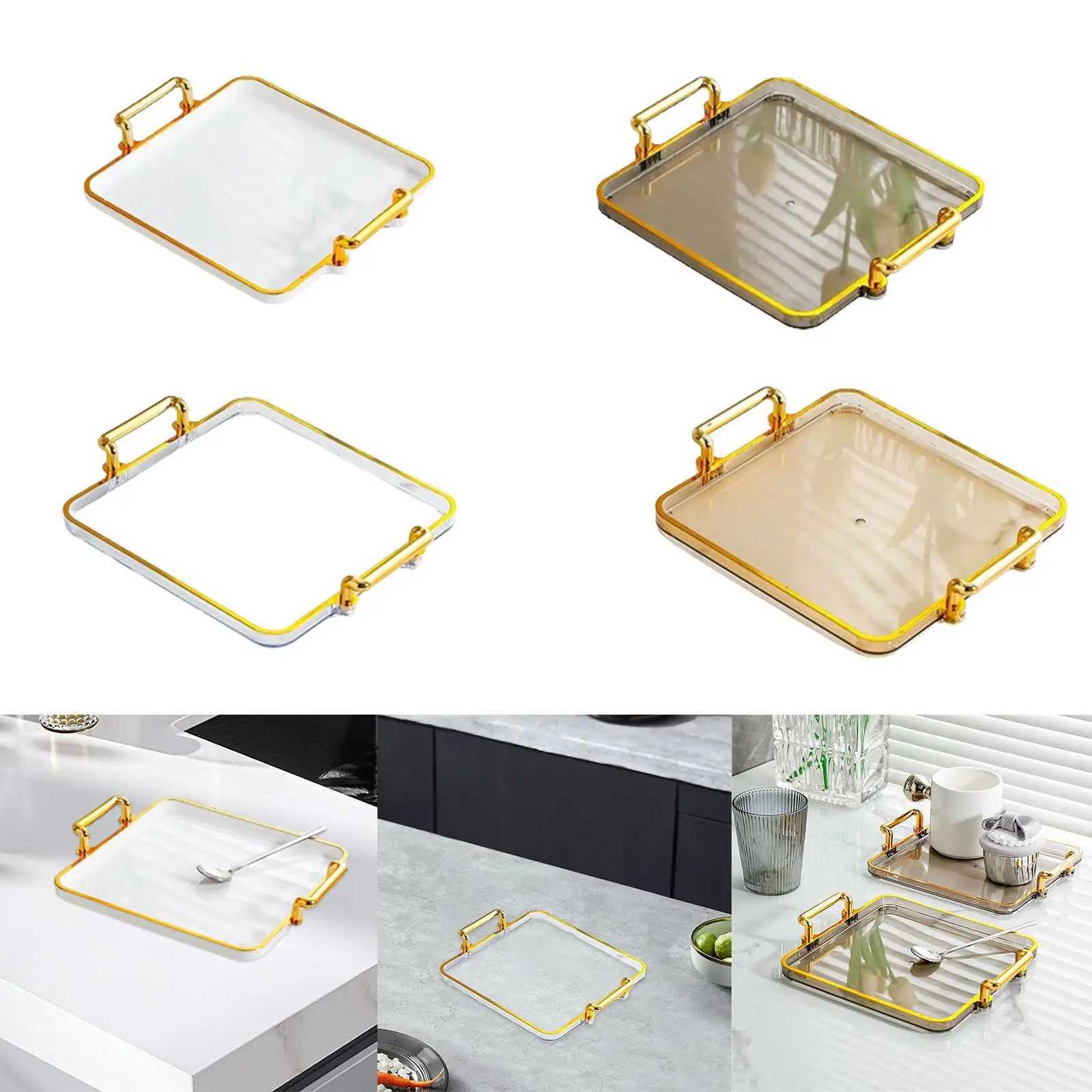 Decorative Tray with Gold Rim Tea Fruit Storage Tray with Handles Easy to Y251129