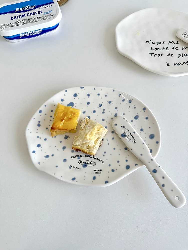 Luxury Korean Style Irregar Ceramic Dessert Plate Ink Splash Bagel Bread Cake Dish French Jam Knife Butter Knives Tableware Set Ins Y251129