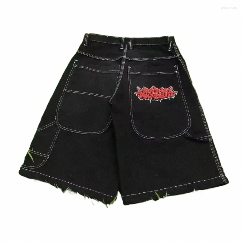 Men's Shorts Trend Harajuku Gothic Hip-hop Retro Burr Cross Embroidery Black Baggy High Waist Denim And Women's Jeans