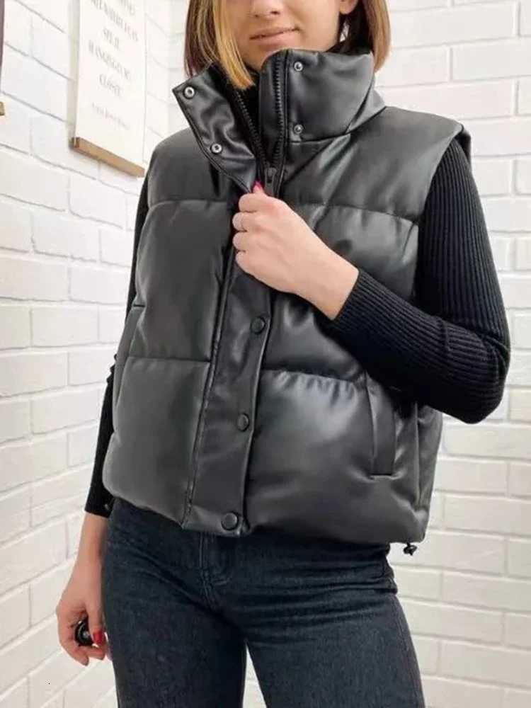 Autumn Winter PU Leather Coat Women Black Stand Collar Vests Women Fashion Zipper Elegant Short Vests Female LadiesT251129