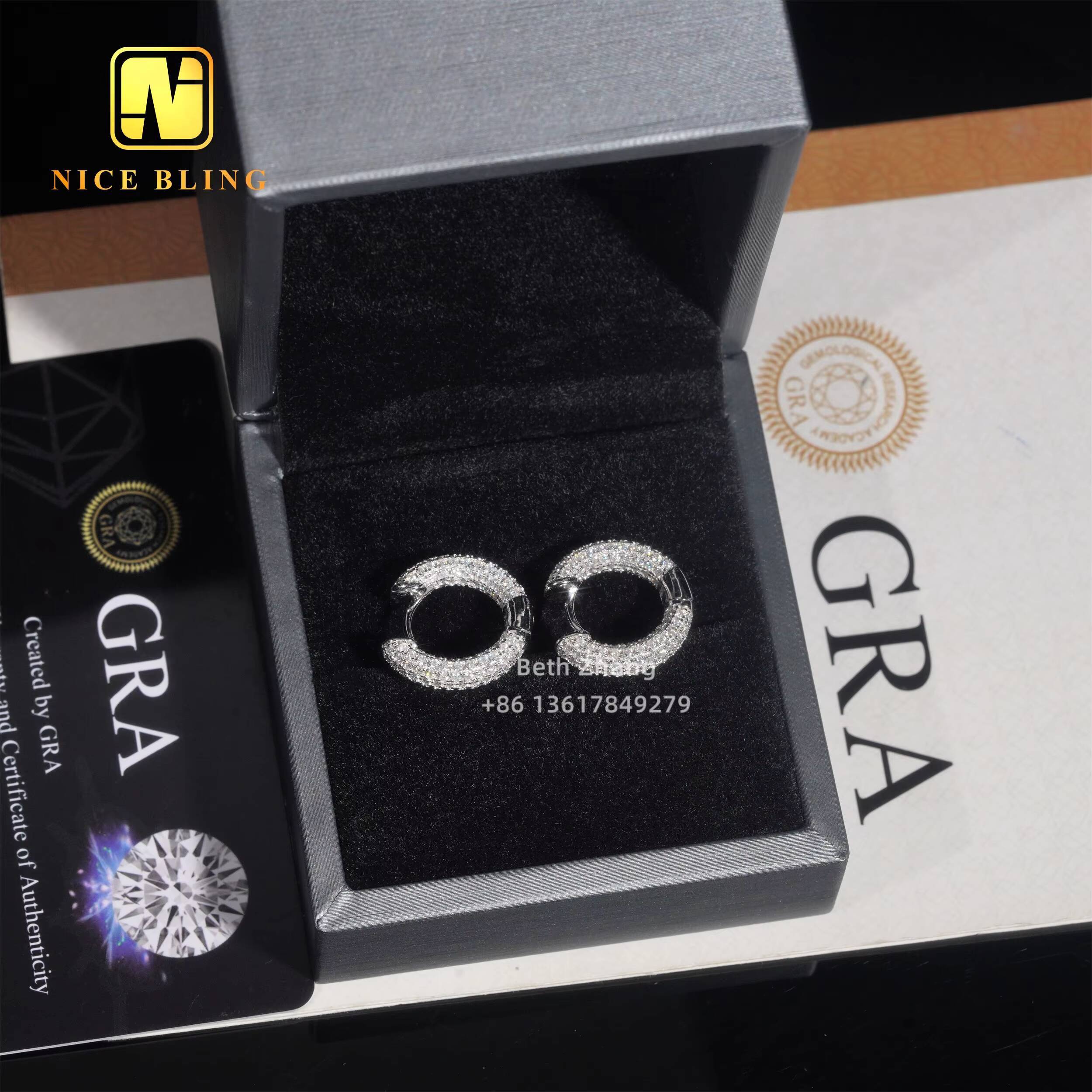 RTS Iced Out Moissanite Diamond Earrings 925 Silver Jewelry Trendy Hip Hop Hoop Ear Rings 3 Rows Diamonds for Men Women