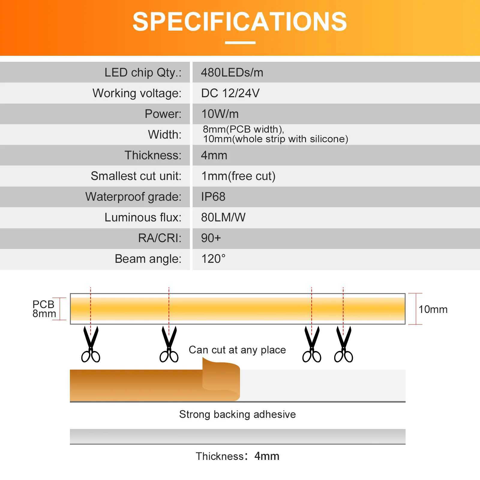 IP68 Waterproof COB Strip Light 12V 24V Sauna LED Strip 3000K 4000K 6000K Flexible Ribbon LED Tape For Outdoor Kitchen Bathroom M251129
