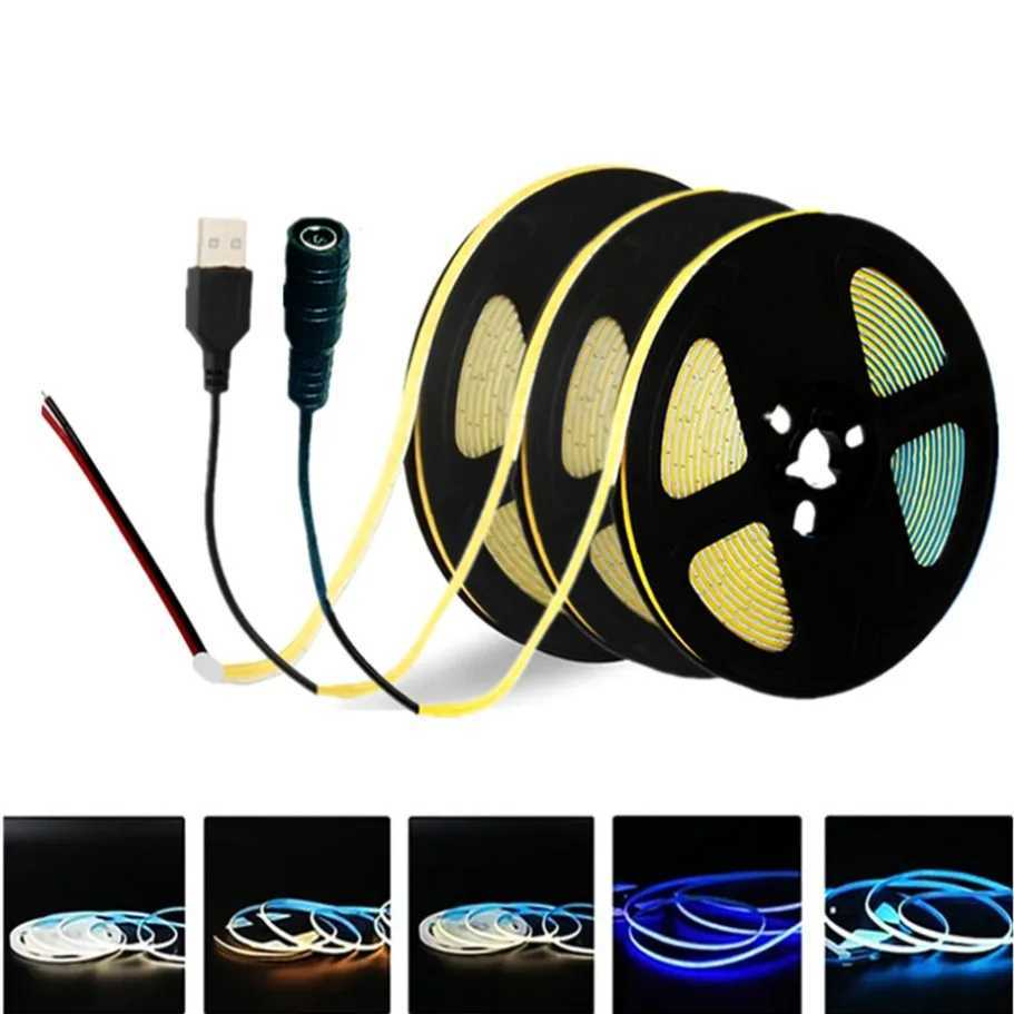 DC 5V/12V USB COB Strip 5mm 400Leds/M White/Ice Blue/Neutral light/Warm Flexible Ribbon Rope Night Lamp TV Backlight LED Strip M251129