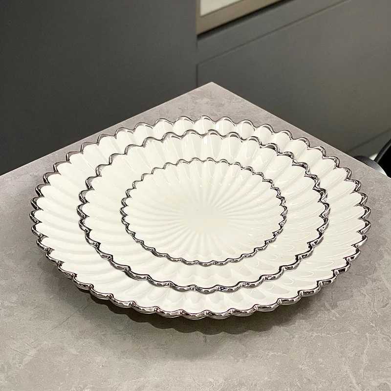 Luxury Light Luxury High-end Ceramic Dish 6/8/10in Plating Silver Flower Edge Round Restaurant Plate Square Afternoon Tea Dessert Plate Y251129
