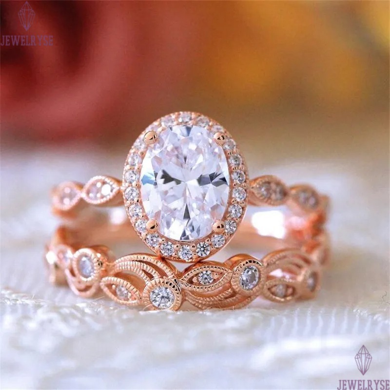 New Arrival Vintage Fashion Jewelry 925 Sterling Silver Rose Gold Fill Oval Cut White Topaz CZ Diamond Women Wedding Bridal Ring Set Gift