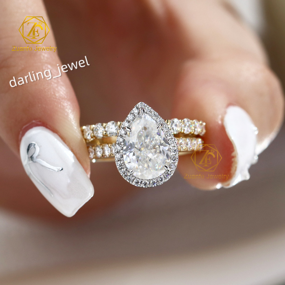 Romantic Women Fine Jewelry Ring Set 2ct Pear Cut 14k Solid Gold Moissanite Halo Ring Set for Wedding Engagement