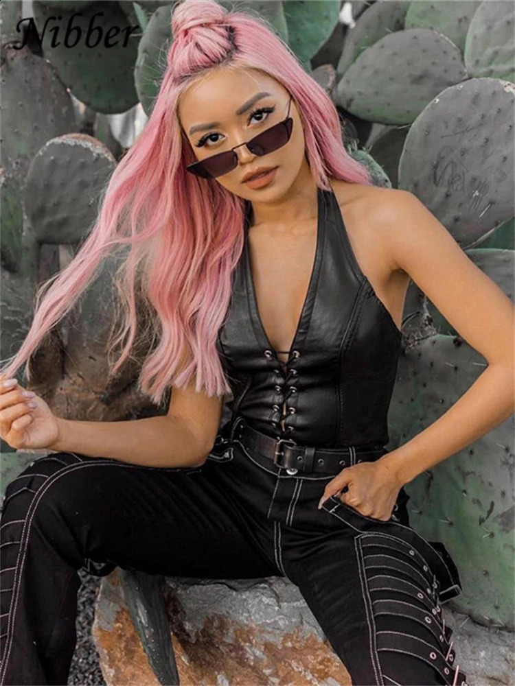 Nibber sexy punk Y2K black PU leather crop top womens backless vest summer vest fashion club clothing vest 250422