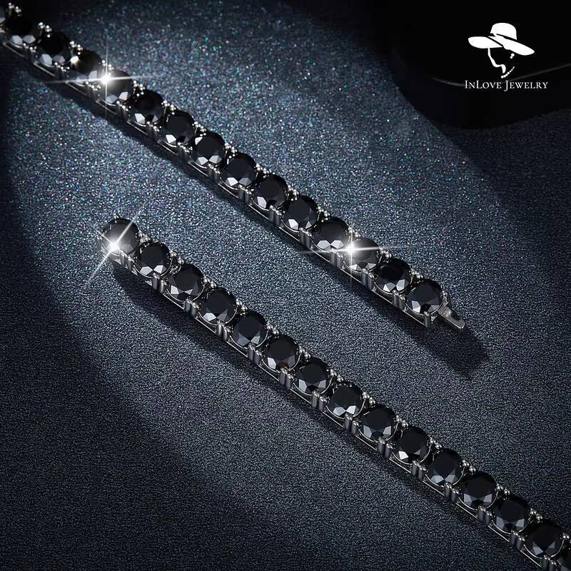 925 Sterling Silver Hip-Hop Tennis Bracelet 4mm 5mm 65mm VVS Black Moissanite Four-Claw Chain for Men and Women