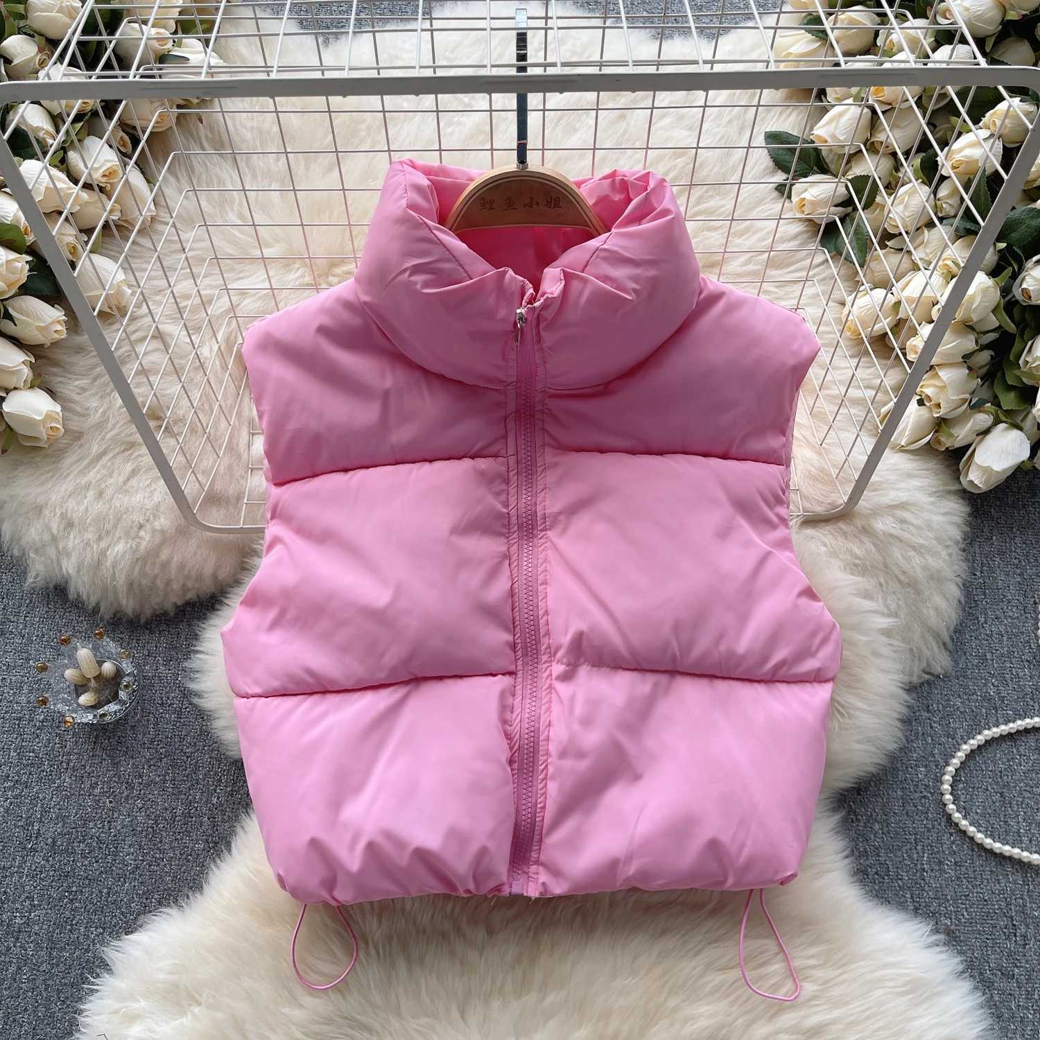 Womens Vest Autumn Winter New Simple Versatile Stand Collar Zipper Drawstring Slim Waistcoat Thickened Warm Cotton CoatT251129