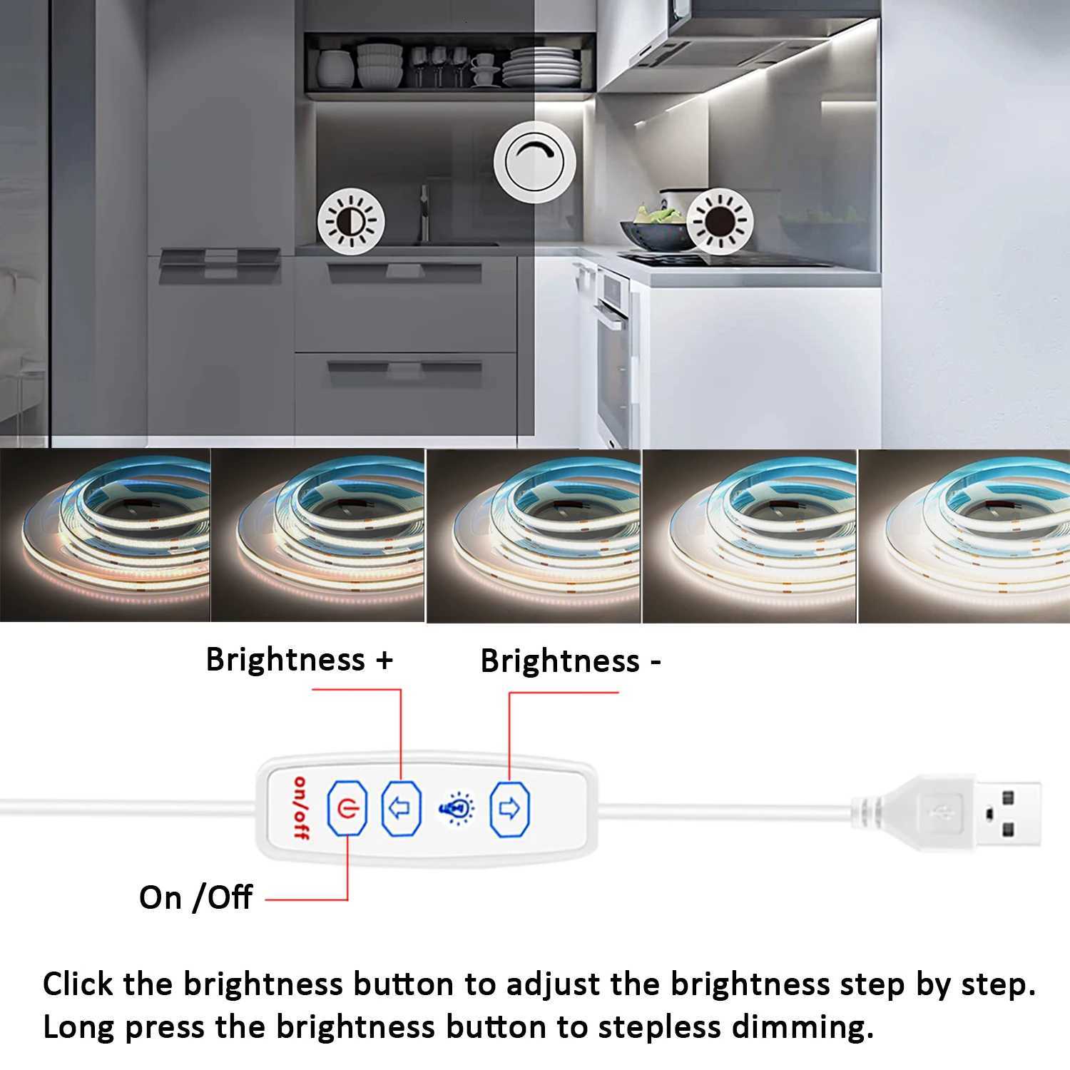 COB Led Strip Lights USB 5V Led Lights with 3 Key Dimmer Switch for Home Cabinet Dressing Table TV Mirror Backlight M251129