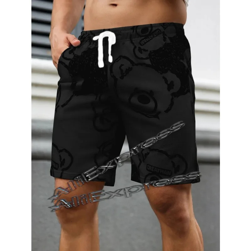 Mens regular-fit shorts with drawstring and elastic waistband bear print summer beach vacation multi-scene wear 250428