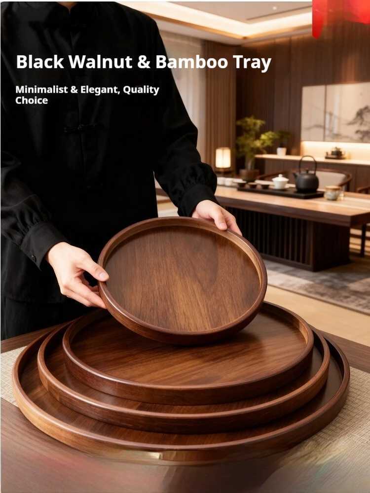 Gianxi Walnut Wood Commercial Tea Tray Home Fruit Cake Round Plate Japanese Tea Cup Storage Tray Y251129