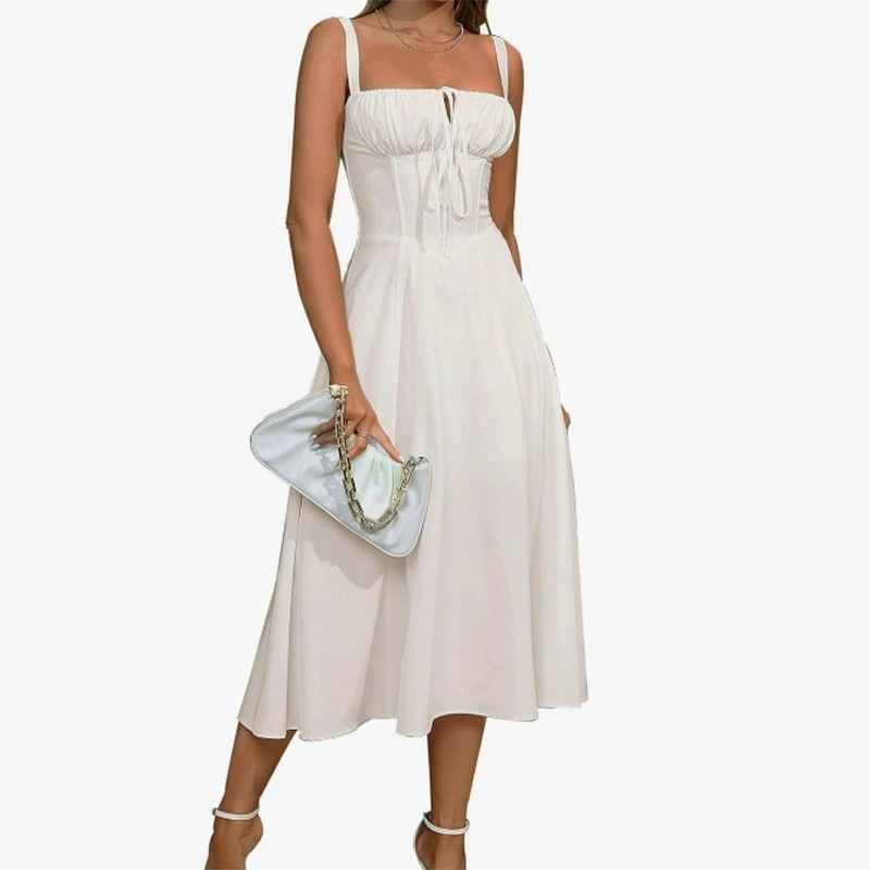 W623New hot sale slim waist fishbone shaped slit drawstring chest wrap suspender dress