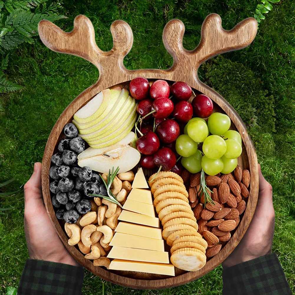Appetizer Platter Decorative Christmas Tray with Antler Handle Wood Dinner Tray Dessert/Snacks/Fruit/Cookies Dessert Snacks Tray Y251129