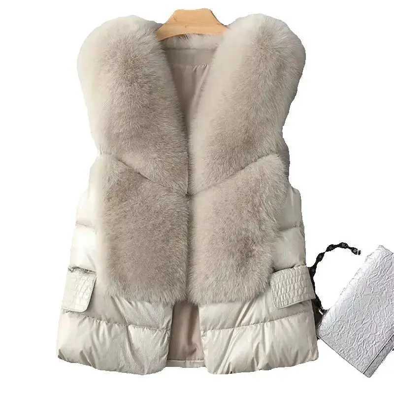 New Autumn Winter Short Sleeveless Down Jacket Women Iimitation Fox Fur Vest Coat Female Cotton Waistcoat Casual Tops OuterwearT251129