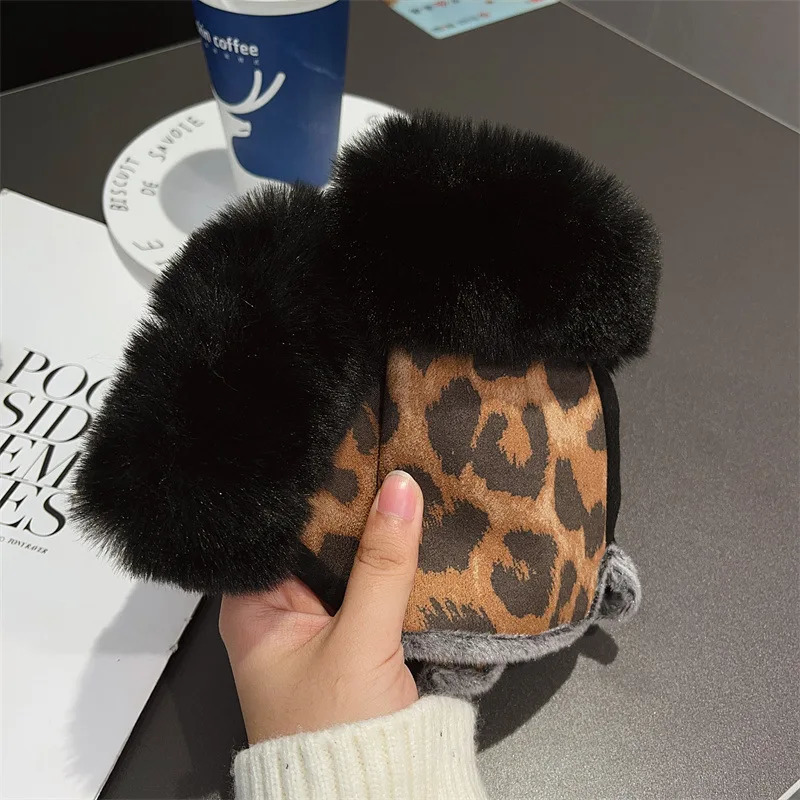 Fashion Leopard Print Suede Leather Rabbit Fur Wrist Plush Gloves Women Winter Thicken coldproofOutdoor Cycling Half Finger Warm 251228 - view 6
