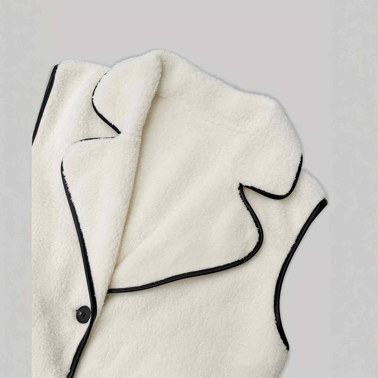 Women Faux Shearling Vest White with Black Piping Sleeveless Warm Winter Outerwear Casual Fashion JacketT251129