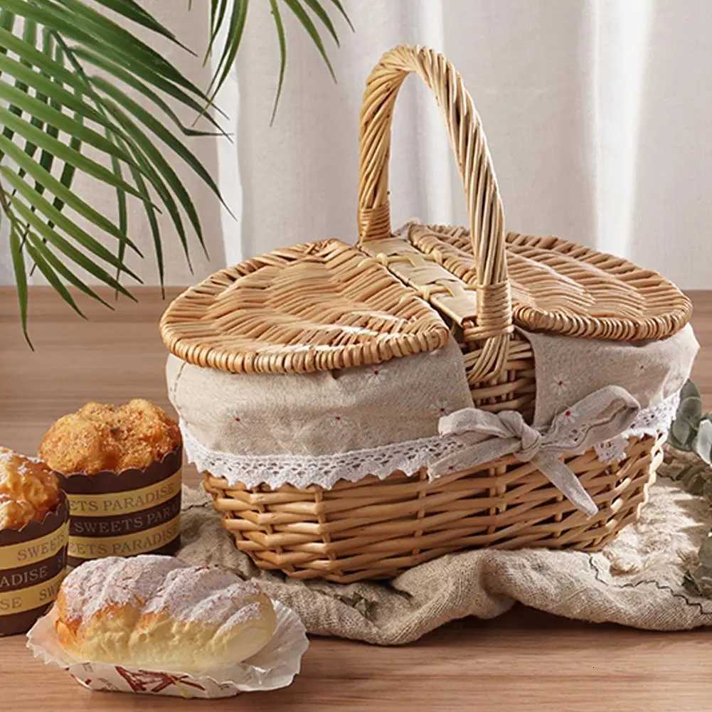 Handmade Wicker Picnic Basket With Handle Picnic Hamper Mti-Purpose Willow Woven Storage Box Outdoor Camping Fruit Basket Y251129