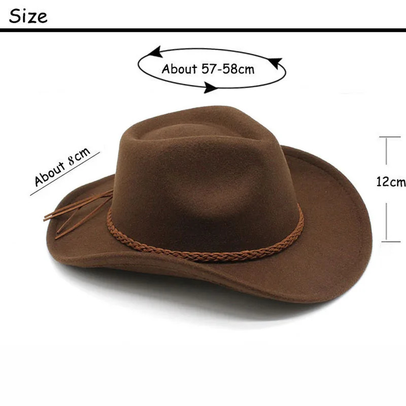 Woolen Bowler Hat Jazz Fedoras Men Women Rolled Brim Western Cowboy Hat Braided Coffee Rope Decor Panama Riding Felt Cap 251228