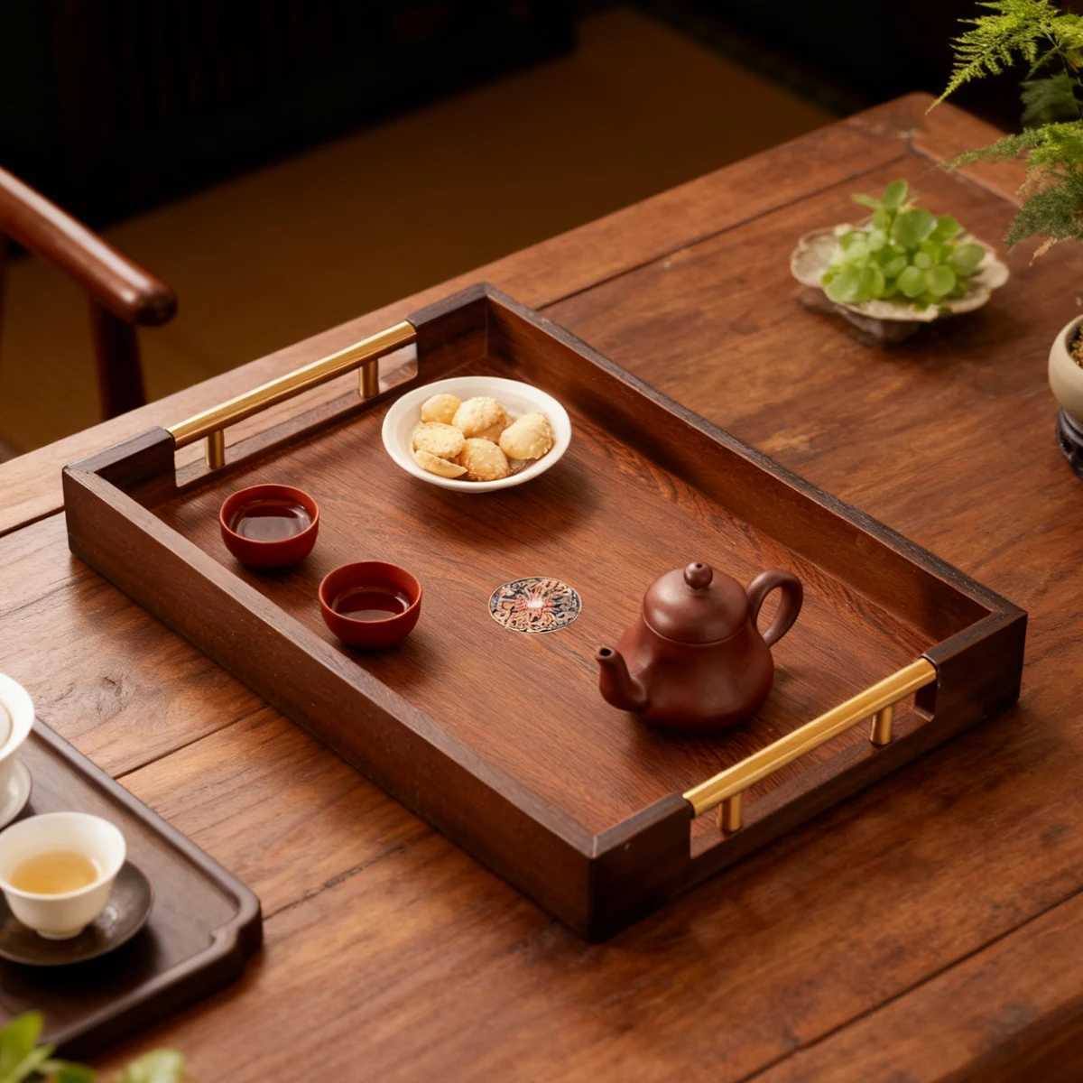 Rustic Solid Wood Rectangle Ottoman Tray with Gold Handles - Durable Home Decor Food Tray for Coffee Table Kitchen 177x118 Y251129