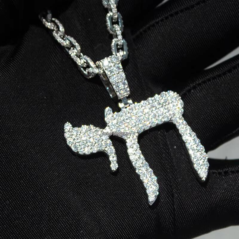 Custom Silver 925 Moissanite Hamsa Fire Chai Pendant for Men Hip Hop Style Iced Out Jewelry with GAR Certificate