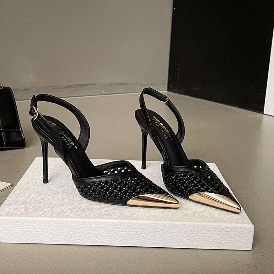 Fashion Hollow Woven Designer Shoe Heel Sandals for Women Pointed Toe One-Strap sling back Heels