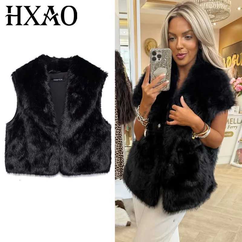 HXAO Black Faux Fur Coat Woman Autumn Winter Vests 2025 Fluffy Cropped Coats Stuffed Sleeveless Waistcoat Chic Hairy Warm VestsT251129