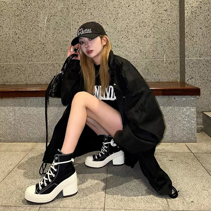 Designer Retro Chunky Heel Women's Canvas Shoes 2025 Summer Vintage Breathable High Heels Fashion Casual Sneakers Free Shipping