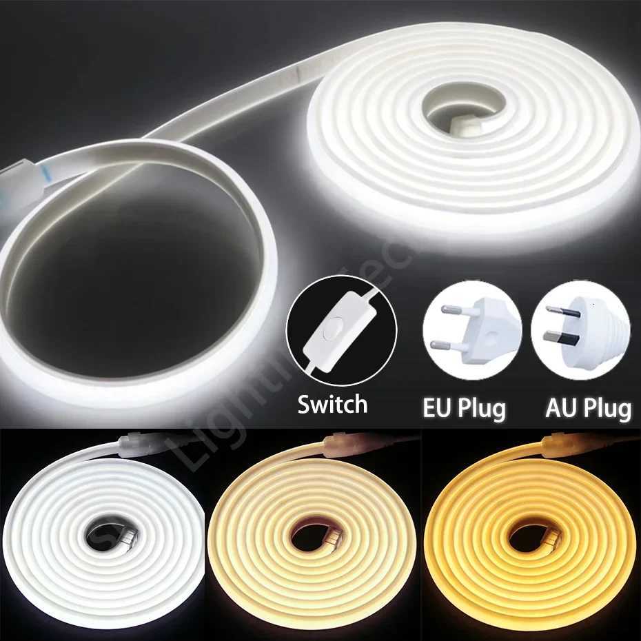 220V COB LED Tape Light 288LEDs/m Flexible IP65 Waterproof with ON OFF Switch EU AU Plug Warm/Neutral/Cold White for Home Decor M251129