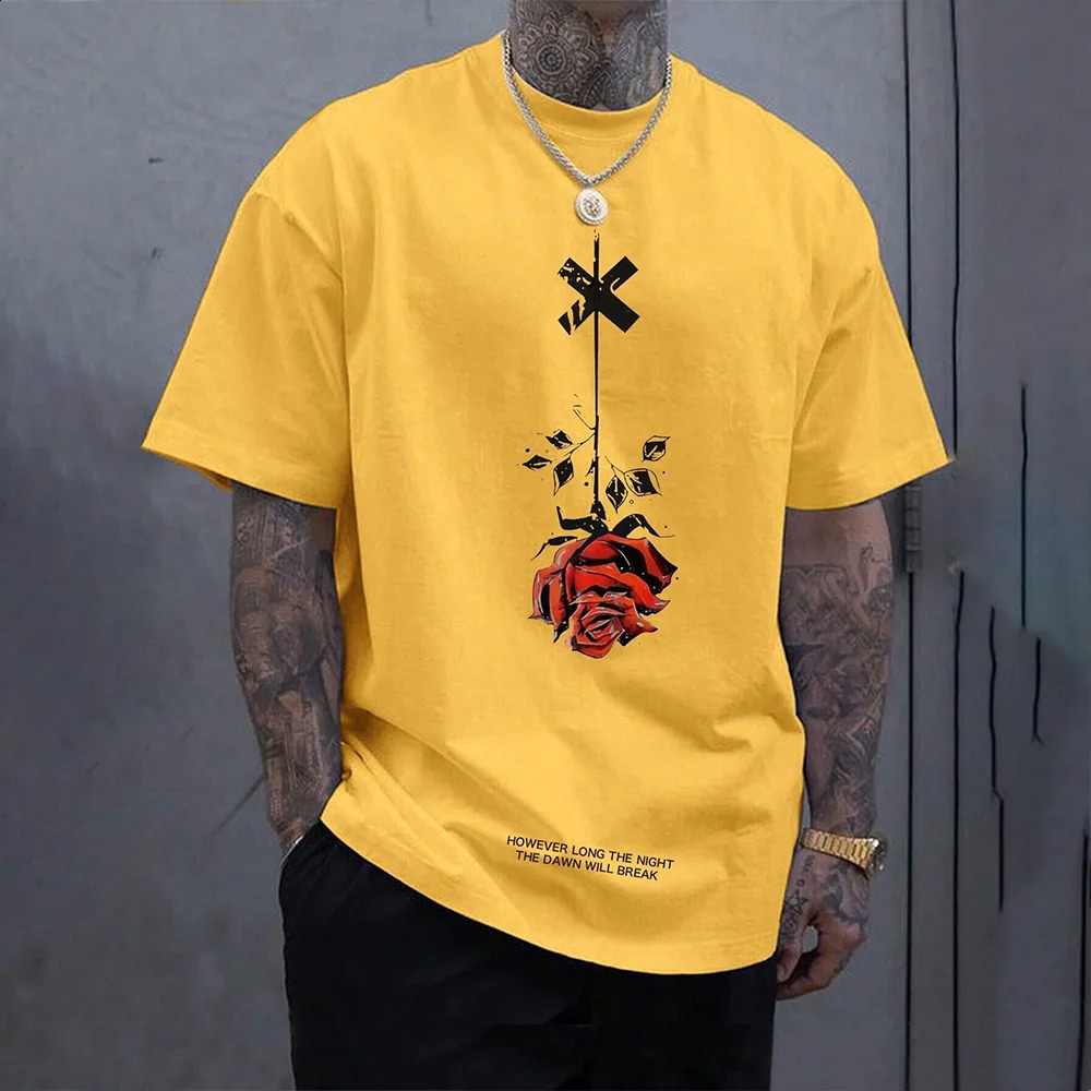 Fashion Rose Graphic Print Plus Size Mens T-shirt Soft Crew Collar Short Sleeve Top Large Loose Mens T-shirt Clothing 250429