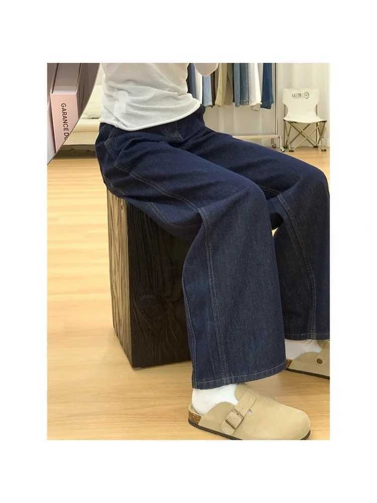 American Retro Dark Blue High Waist Loose Womens Jeans 2025 Autumn Winter Stylish Wide Leg Pants M260310