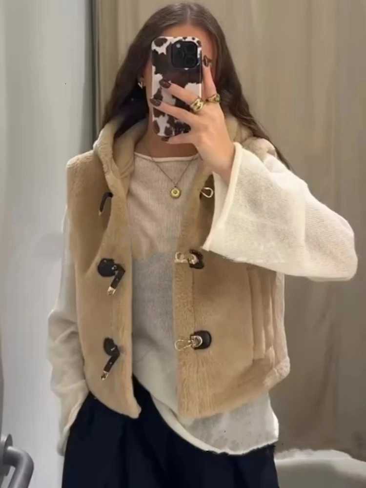 Winter New Artificial Leather Hooded Vest Jacket Women Causal Single Breasted Vest Coat 2025 Female Thick Overcoat StreetwearT251129