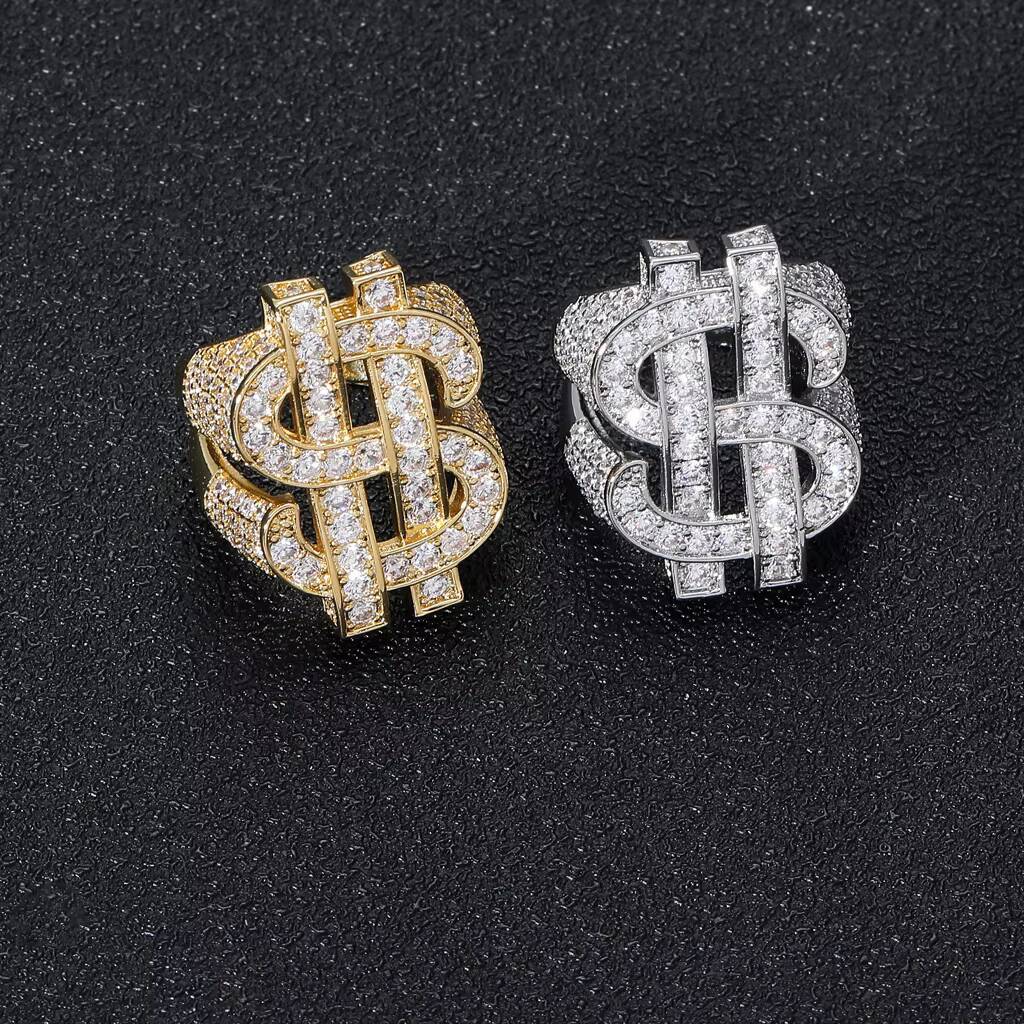 BES Wholesale Trendy Hip Hop Jewelry Rings Men Real Gold Plated Brass Cubic Zirconia Stone Iced Out 5A CZ Bling Dollar Sign Ring