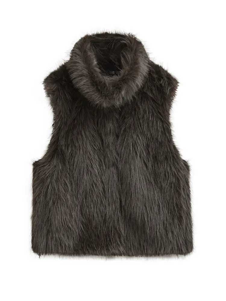 HH Women Fashion Faux Fur Waistcoats Sleeveless Turtleneck Short Vest Coat Woman Vintage Solid Casual Office Lady OutwearT251129