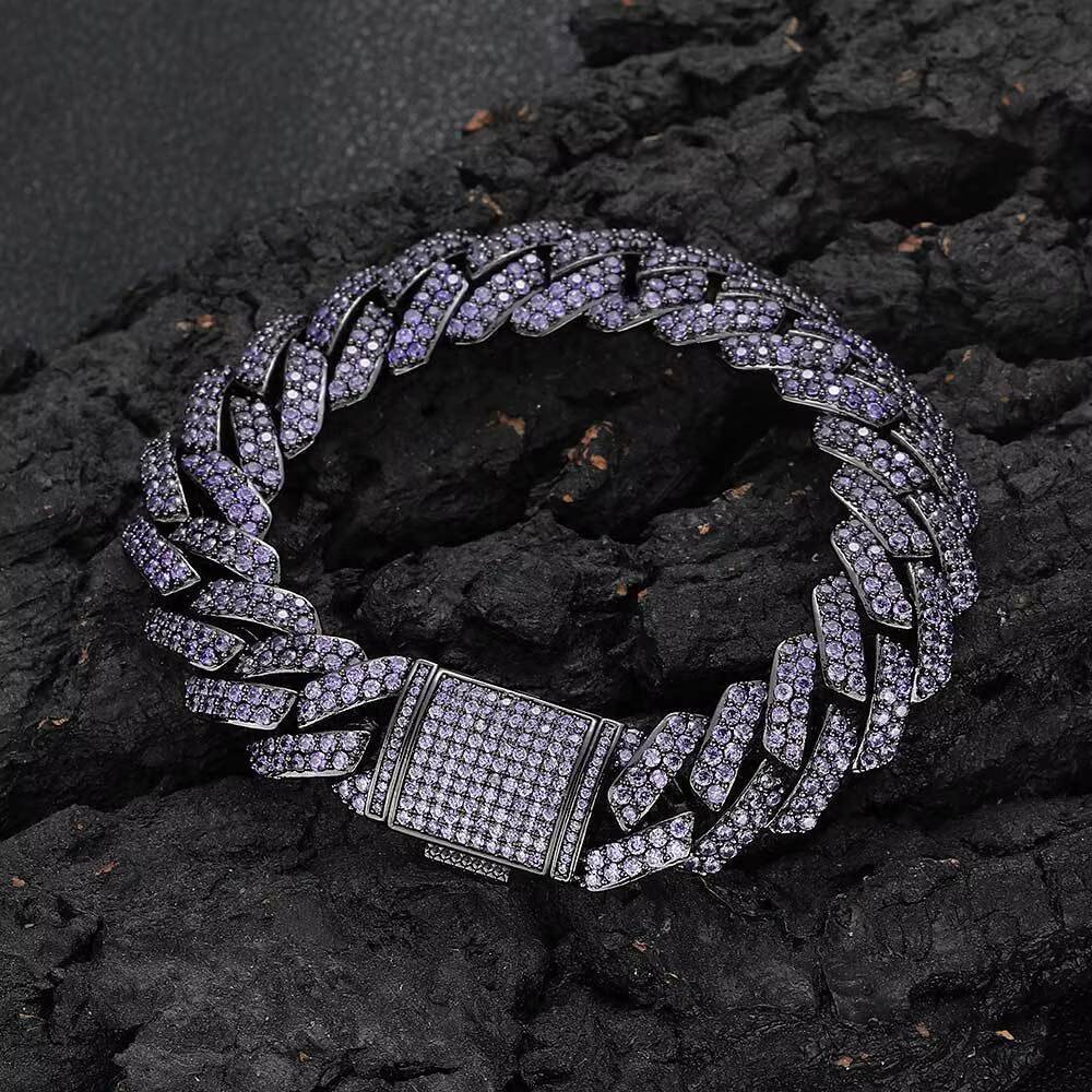 Hip Hop Jewelry 15mm Purple Diamond Cuban Link Chain Setting AAA Cubic Zirconia Prong Cuban Chain Bracelet