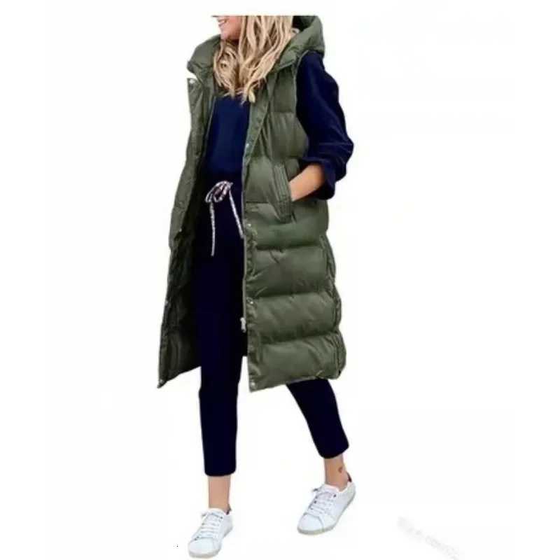 Women Hooded Vests Jackets Winter Long Cotton Vest Casual Fashion Coats Outwear Single-breasted Sleeveless Jacket Keep WarmT251129