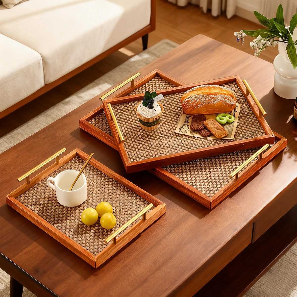 Luxury Gold Handle Wood Tray - Bohemian Rectangular Woven Rattan Bottom for Coffee/Bedroom/Jewelry/Kitchen Y251129