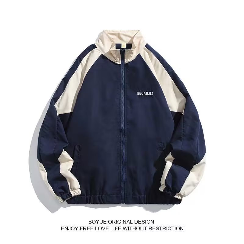 Color blocking splicing stand up collar jacket for men spring and autumn trendy brand loose college style couple casual jacket 240719