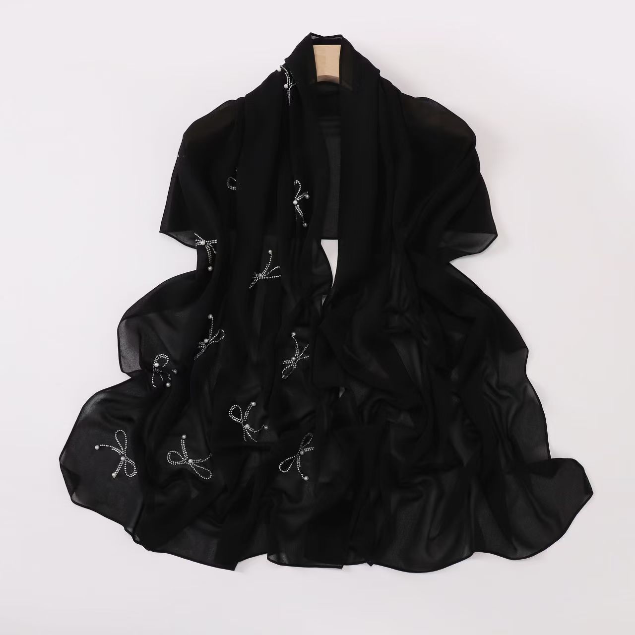 T589 new pearl chiffon bow hot diamond nail bead long scarf Hui ethnic scarf small fresh female