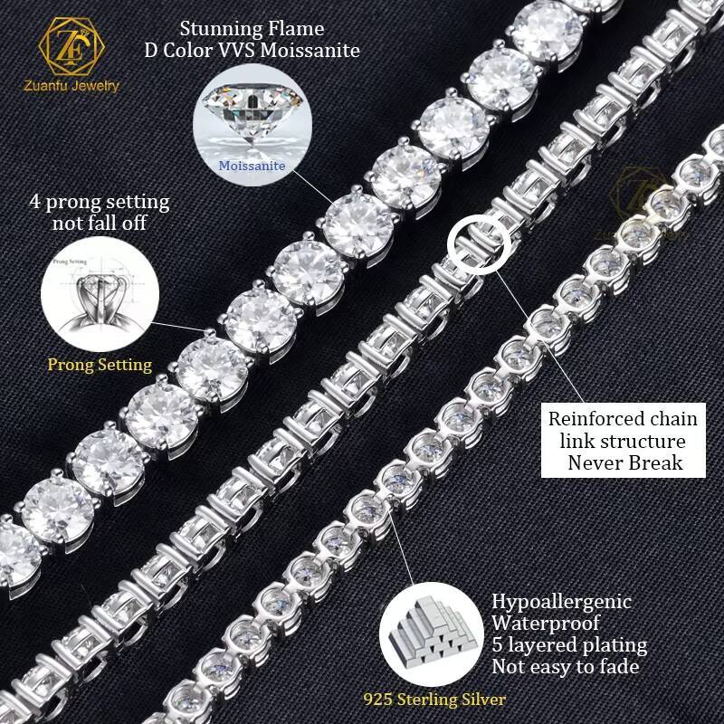 Pass Test 2mm 3mm 4mm 5mm 65mm 925 Sterling Silver VVS Moissanite Diamond Tennis Chain Iced Out Men Women Tennis Chain Necklace