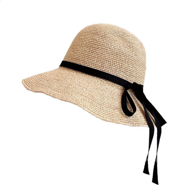 Handmade crochet Lafite grass French fine bow ribbon fishing hat womens summer sun protection straw hat sun basin hat250428