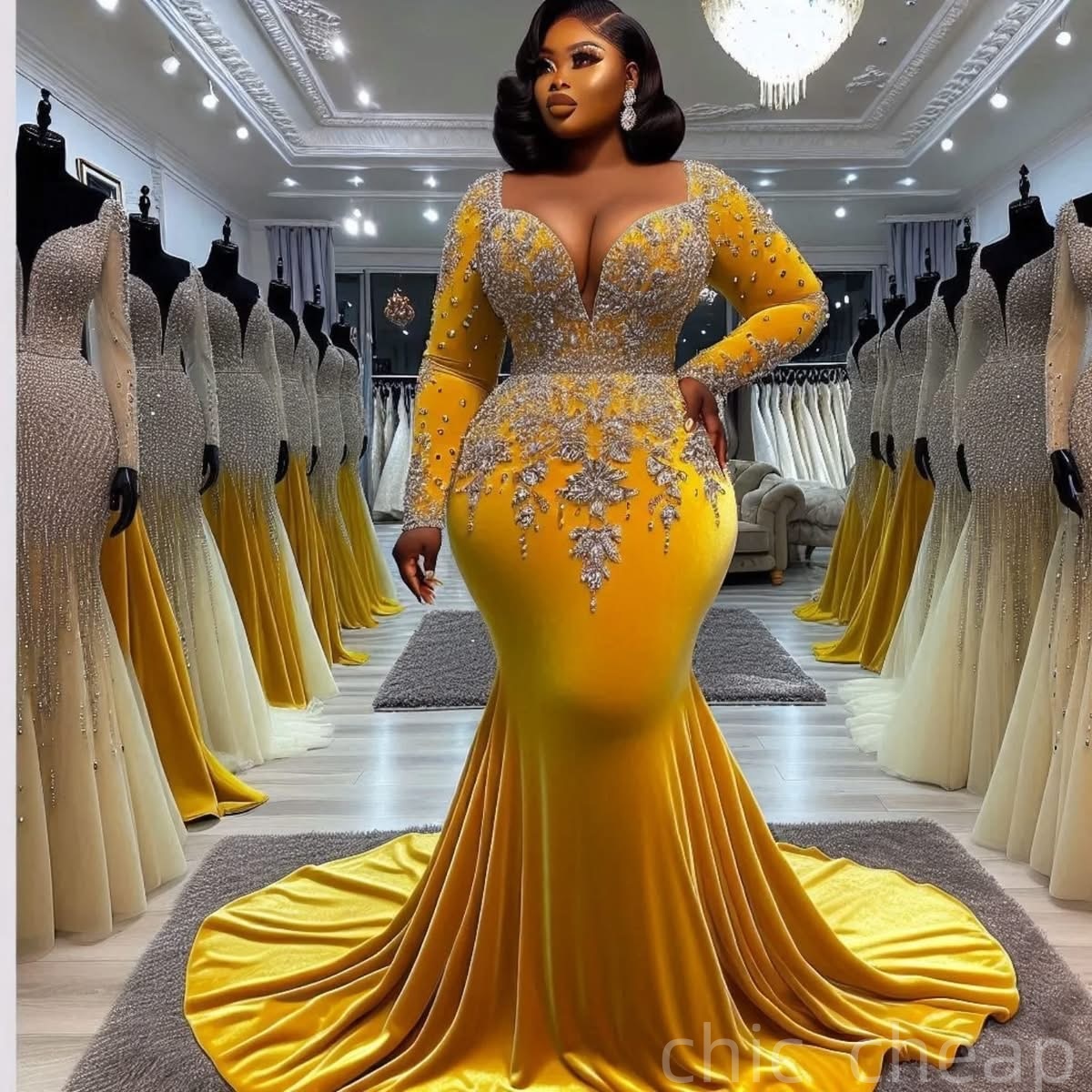 Mermaid Plus Size Prom Dresses 2025 Beaded Crystals Velvet Full Sleeves Evening Formal Party Second Birthday Engagement Gowns Dress For Special Occasi