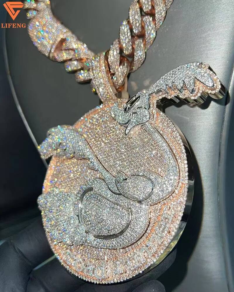 3inch Solid 925 Silver Round Plate Custom Pendant Moissanite Diamond Angel With Money Bag Hip Hop Iced Out Pendant for Chain