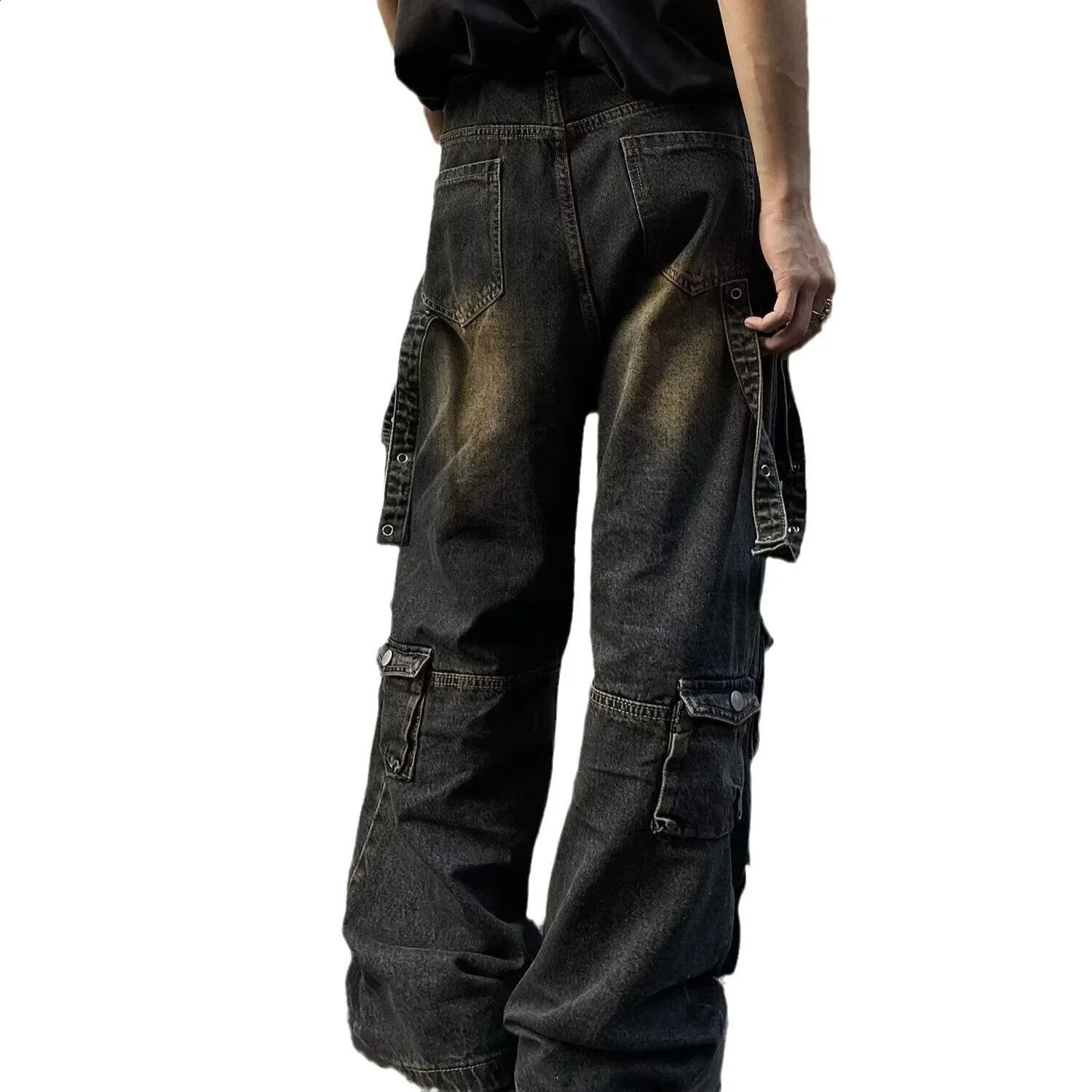 Mens Spring and Autumn Street Clothing Bell Bottom Jeans with Multiple Pockets Loose and Suitable for Washing 250423